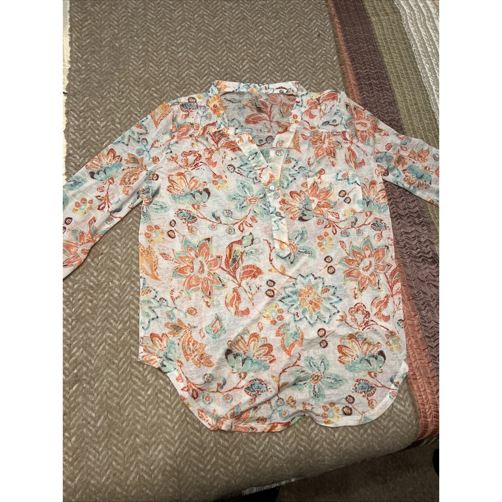 DNA Couture Womens Floral Top Blouse Orange Teal Semi Sheer Tunic Size M